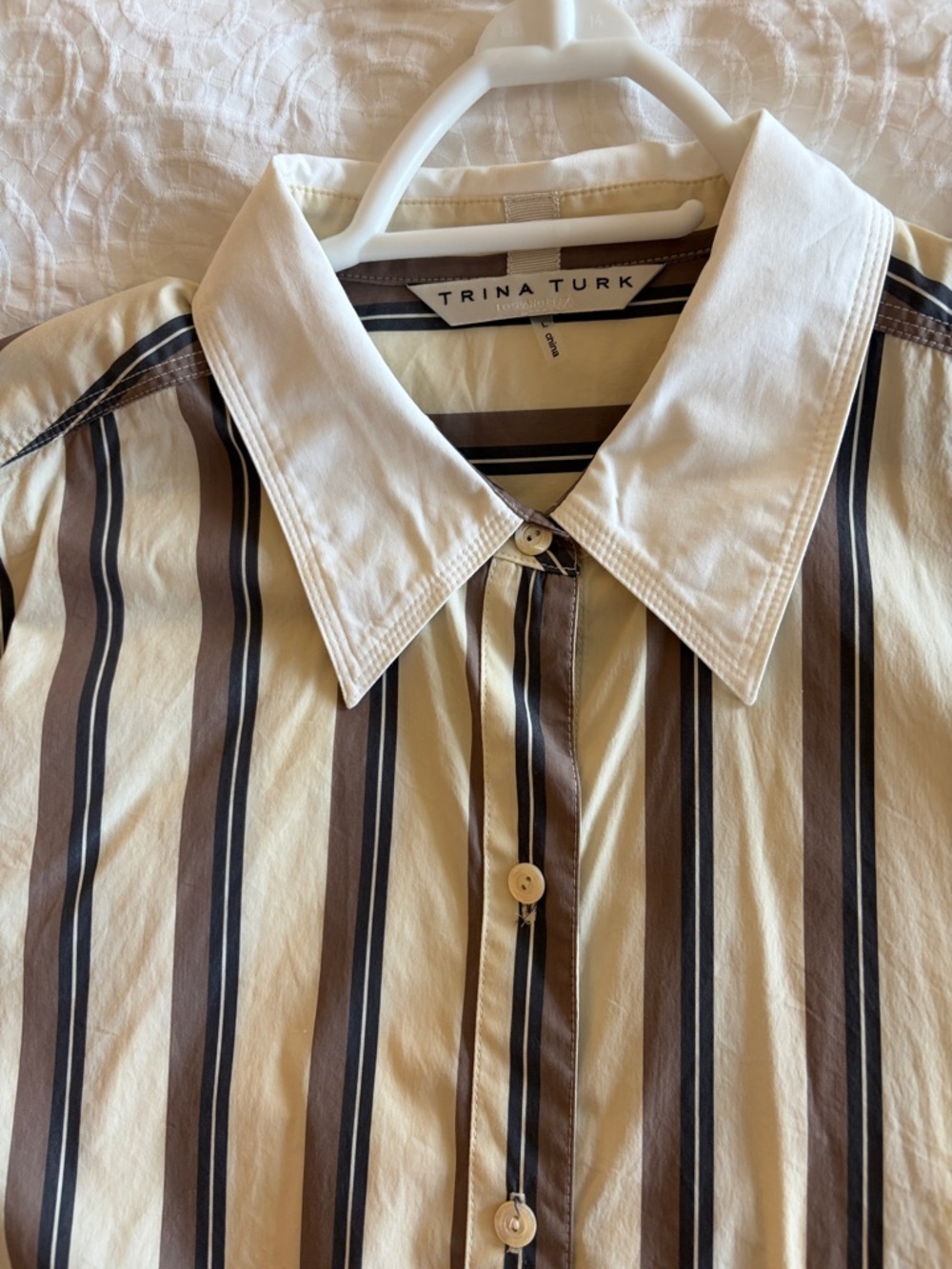Trina Turk Women’s Cream, Brown and Black Vertical Stripe Button-Down Shirt